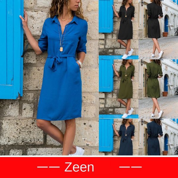 

женские дизайнерские платья лацкан сплошной цвет обрезанные рукава рубашки платье, Black;gray