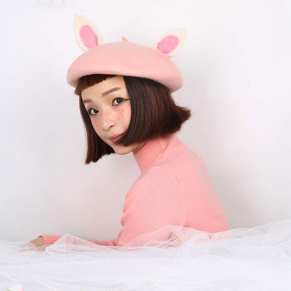 

handmade wool felt berets women casual valentine's day cute ears woolen children's gift hat new year gift vintage wild new, Blue;gray