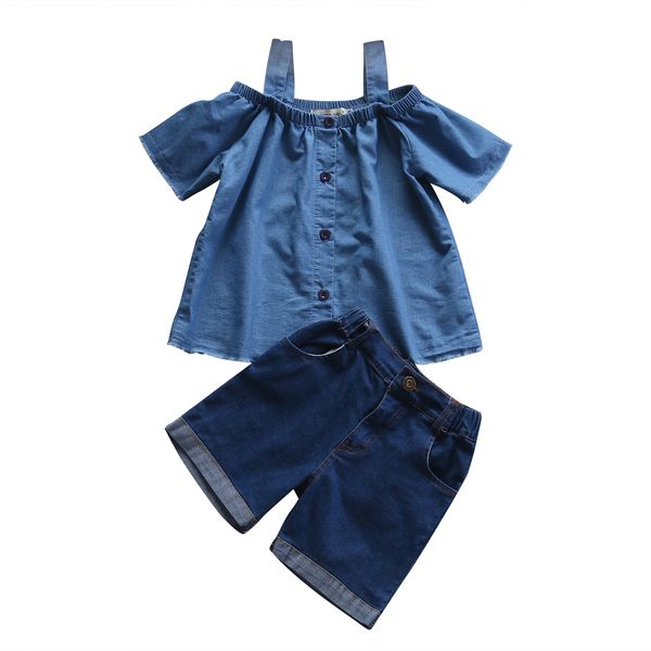 

new fashion family matching women baby girls kids outfits off shoulder denim pants 2-7t, Blue