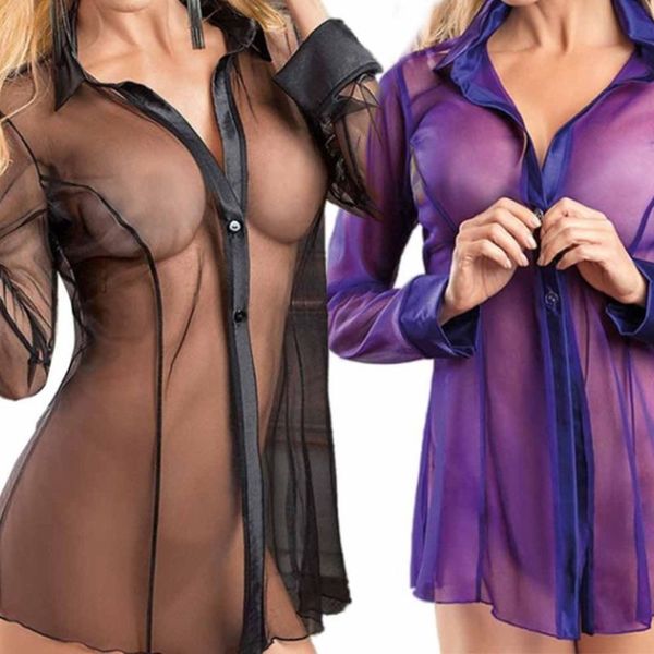 

women button lingerie dress transparent clubwear stripper long sleeve blouse new, Black;red