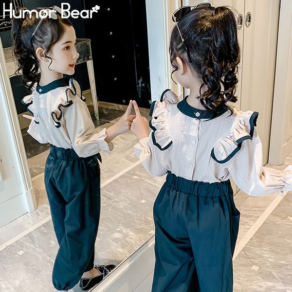 

humor bear 4-13y new 2019 autumn children suit little girl korean version ruffle long sleeved+ pants 2pcs spring kids clothing, White