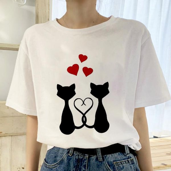 

2019 new summer t shirt women love cat printed t-shirt clothes fashion cool tshirt female harajuku thin section 0-neck te, White