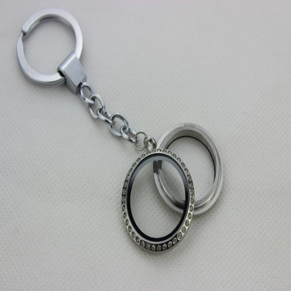 

round stainless steel screw floating locket keychains with rhinestone floating locket key chain 10pcs, Silver