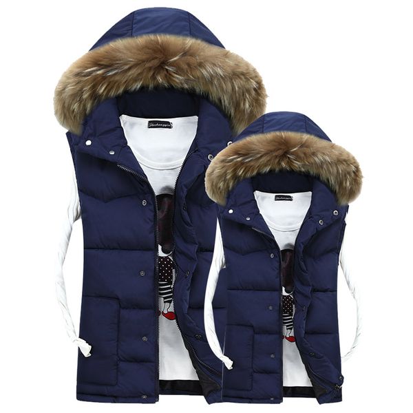 

rlyaeiz fashion casual men vests waistcoat 2018 autumn winter down cotton fur collar vest male sleeveless jackets hooded coats, Black;white