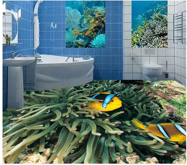 Unterwasser-Weltfisch-Koralle 3D-Fliesenboden-boden wasserdichte Tapete für Badezimmerwand