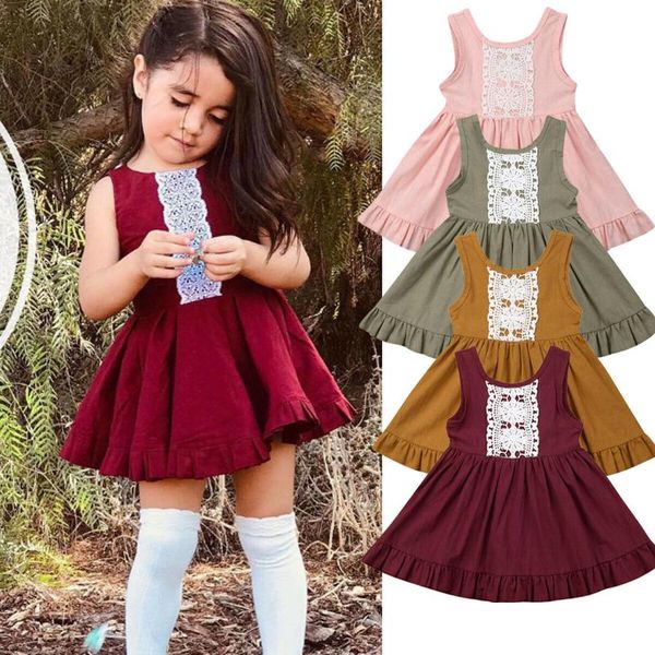 

2019 children summer clothing toddler baby girl dress lace flora cotton linen party dress sleeveless princess pageant sundress, Red;yellow