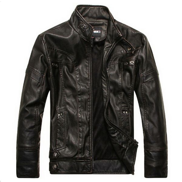

brand motorcycle leather jacket men inner fleece leather jackets jaqueta de couro masculina mens stand collar zipper winter coat, Black