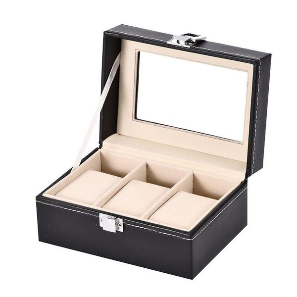 

3 grids pu leather watch box case storage holder organizer stand for clock watches boxes earrings rings bracelet jewelry display, Black;blue
