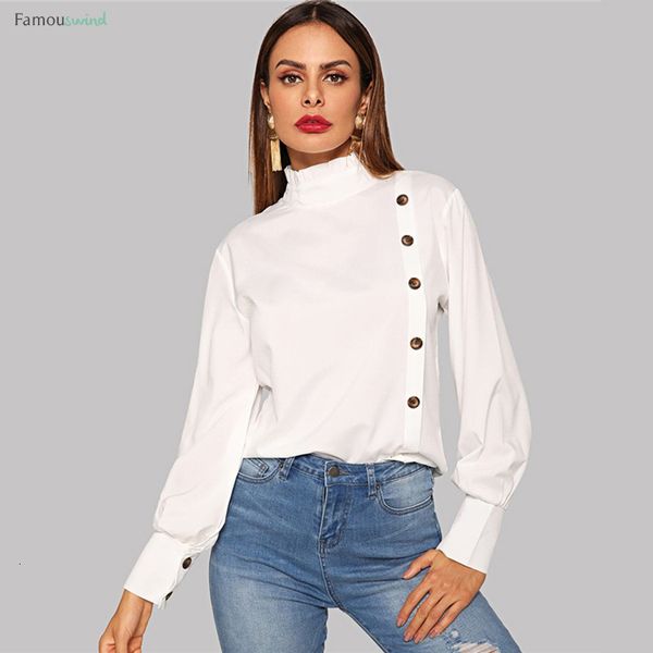 

рюшами водолазка белая блузка женщины однобортный твердые длинным рукавом 2019 повседневные женские рубашки женские топы и блузки, White