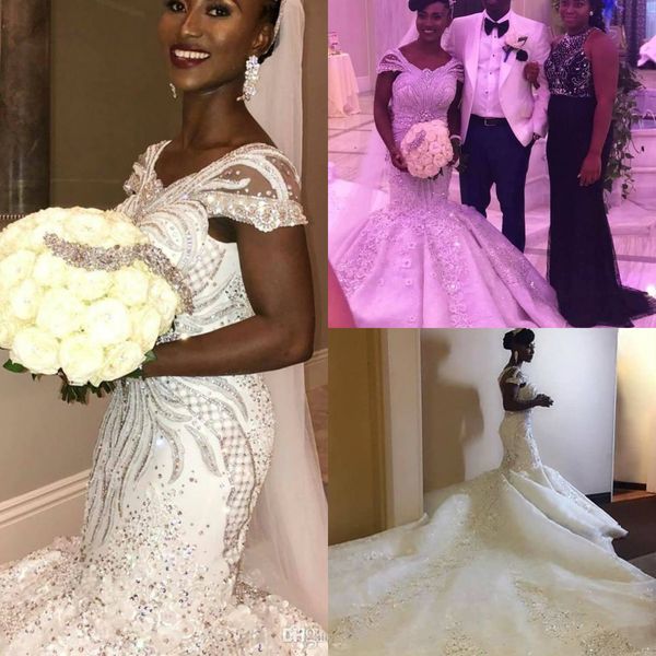 

2019 plus size wedding dresses v neck cap sleeves african arabic lace sequins crystal bridal gowns vestidos de novia mermaid wedding dress, White