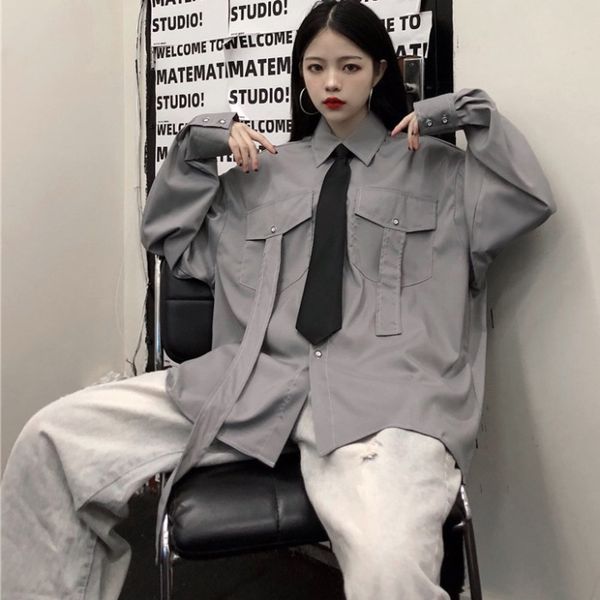 

women shirts spring autumn 2020 blouses punk streetwear black white gray casual long sleeve tie cargo shirt men camisa masculina