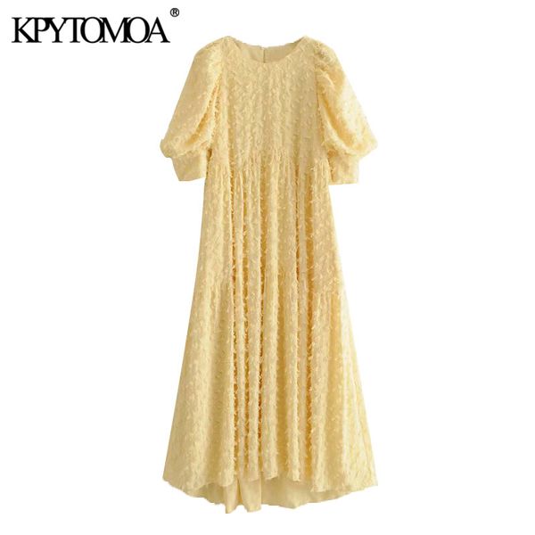 

kpytomoa women 2020 elegant fashion textured midi dress vintage o neck short puff sleeve female dresses chic vestidos mujer, White;black