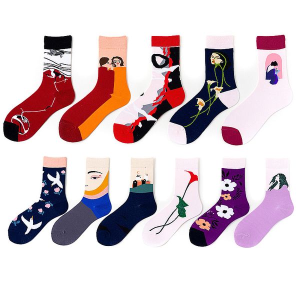 

women's socks japanese cotton colorful cartoon cute funny happy printing men skateboard cycling sock running skarpetki rowerowe, Black