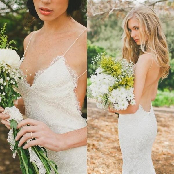 

new mermaid spaghetti open back pleat lace wedding dresses custom made elegant new desigher dresses 578, White