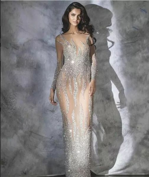 

Silver Evening Dress Long Sleeve Mermaid Evening Gowns Formal Wear Plus Size Sexy Illusion Prom Dresses Robe De Soiree Abendkleider