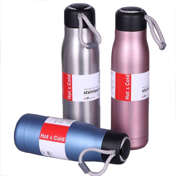 

double wall vacuum portable water bottle with rope fashion 600ml outdoor sports water bottle cycling thermos