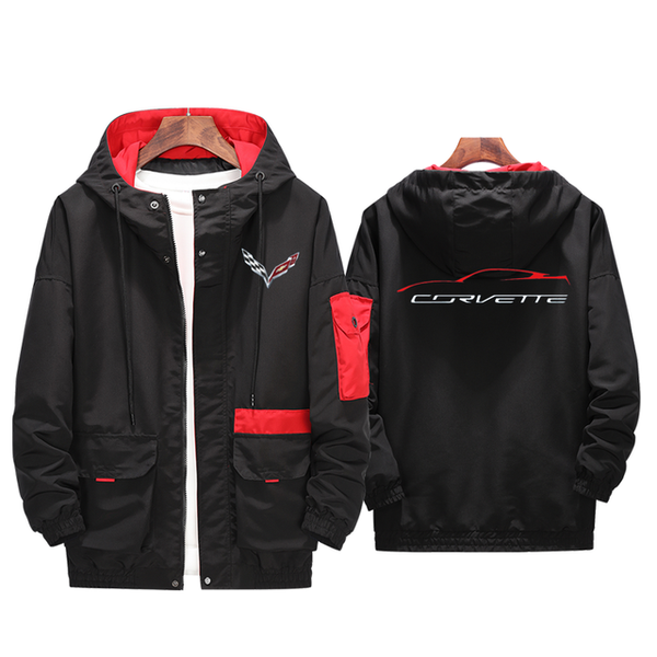 

brand men jacket for chevrolet corvette casual solid color hooded loose bomber windbreaker coat trend hip hop streetwear, Black;brown