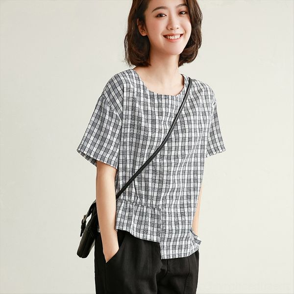 

short-sleeved plaid t-shirt women's large size fat mm belly-blocking slim 2020 loose western style t-shirt, White