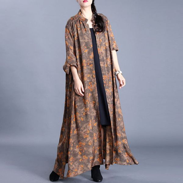 

johnature 2020 spring new stand single breasted retro fashion floral print coats comfortable plus size all-match women slit coat, Tan;black