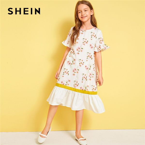 

shein kiddie girls white floral print ruffle hem colorblock cute dress 2019 summer flounce sleeve drop waist kids tunic dresses, Red;yellow