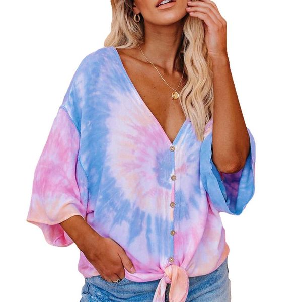 

cysincos women 2020 fashion tie dye print blouse shirts v neck short sleeve shirt spring summer blusa feminina, White
