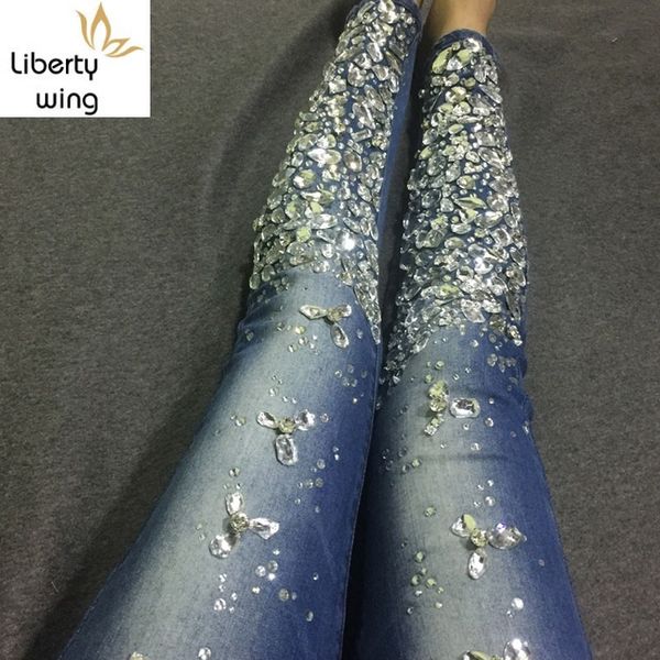 

women's jeans arrival fashion womens diamond crystal beading pants female trousers vintage mid waist sweet plus size, Blue