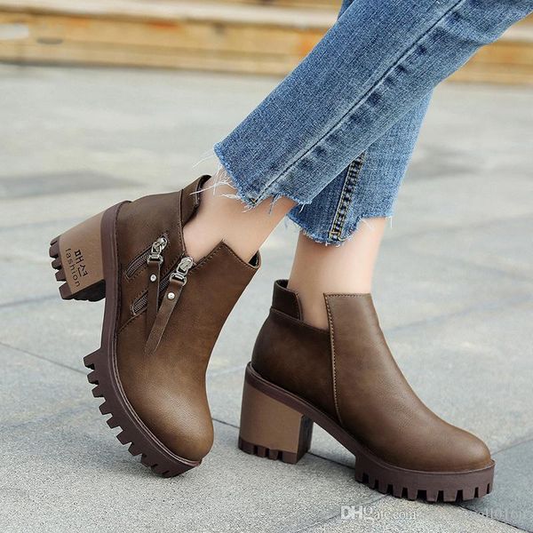 

autumn winter short boots women single boot side zipper high heel martin boots round head thick heel waterproof boots, Black