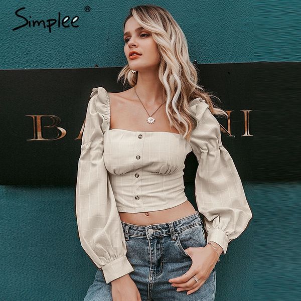 

simplee ruffled off shoulder women crop autumn elegant button lantern sleeve female party wear ladies casual 2019, White