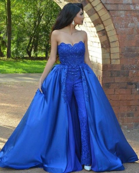 

royal blue lace jumpsuits prom dresses strapless neck beaded overskirt evening gowns vestidos de fiesta sweep train appliqued formal dress, Black;red