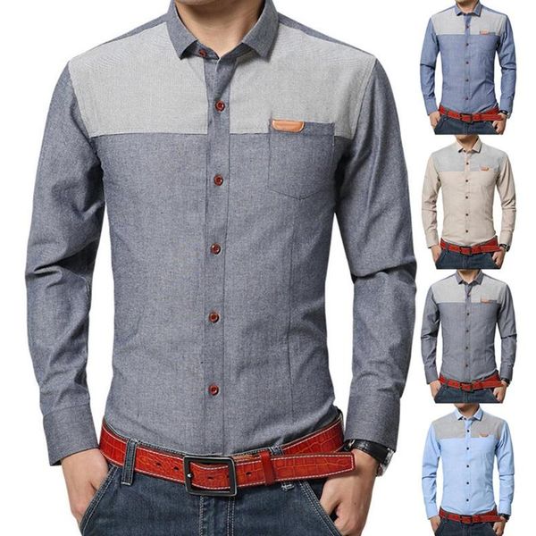 

casual men long sleeve color block pocket slim plus size buttons down shirt, White;black