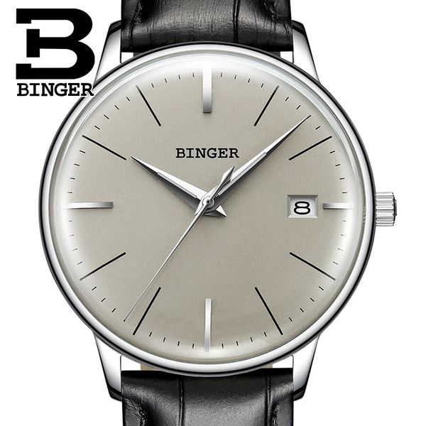 

automatic mechanical watch men switzerland waterproof men's watches binger leather steel watch sapphire montre, Slivery;brown