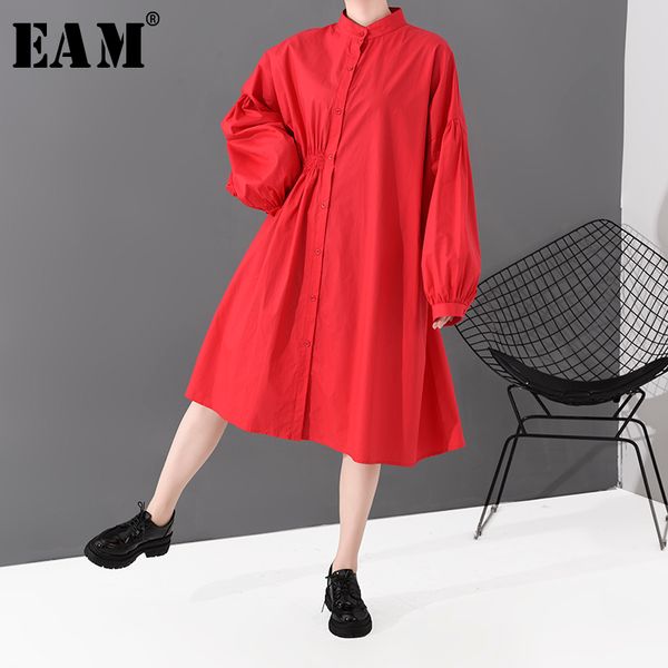 

eam] women red pleated split big size shirt dress new stand collar long sleeve loose fit fashion tide spring autumn 2020 1s808, Black;gray