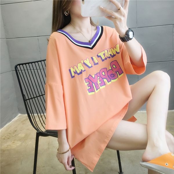 

duan xiu v-neck t-shirt skirt women's mid-length summer clothes 2020 loose large size fat mm clothes, White