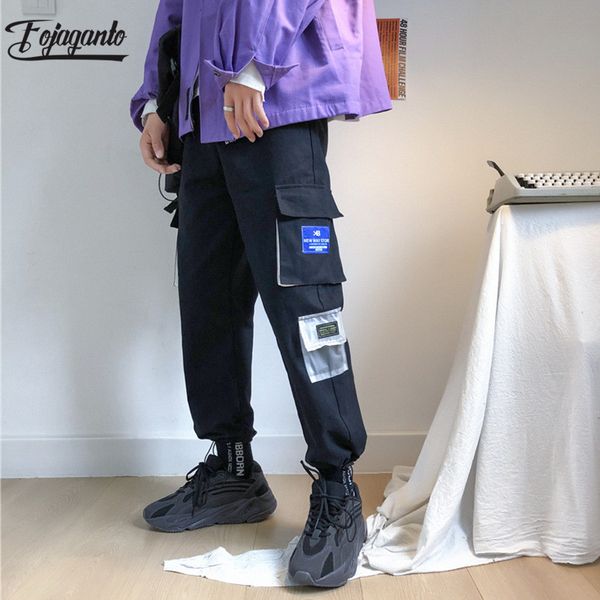 

fojaganto trend brand men cargo pants high street men's fashion patchwork ankle-length pants drawstring casual male, Black