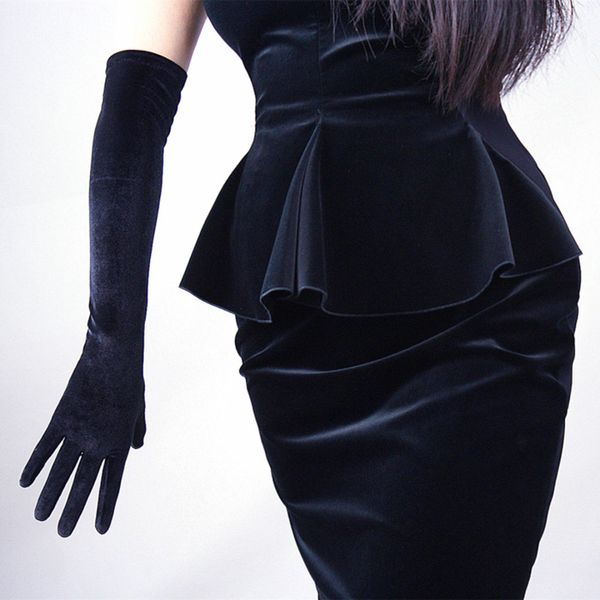

spring autumn women gold velvet long gloves 43cm long dinner dress gloves black warm velvet elastic warm driving h47, Blue;gray