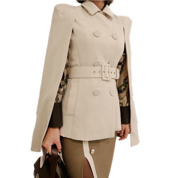 

hamaliel autumn women shawl cloak double breasted jacket coat fashion turnd down collar slim cape poncho overcoat with belt, Black