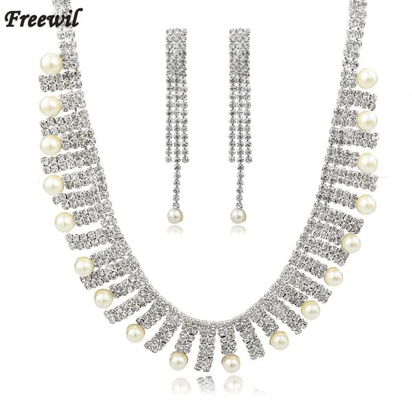 

crystal simulated pearl choker necklaces silver color chain tassel stud earrings wedding jewelry sets for women set150075112