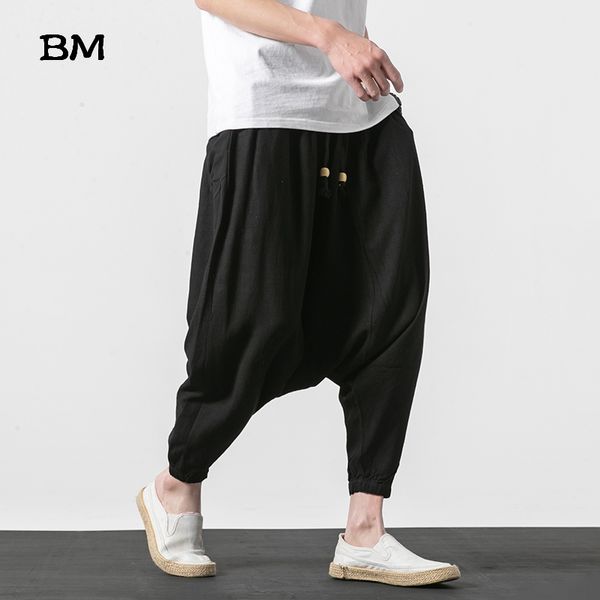 

style chinese elastic hip men's harmen cross-pants hop cotton wide loose hakama baggy linen pants harajuku trousers leg waist whjhb, Black