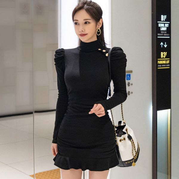 

зимняя слойка с длинными рукавами оболочки сплошной высокий воротник рыбий хвост bodycon сексуальная мини-клуб платье, Black;gray