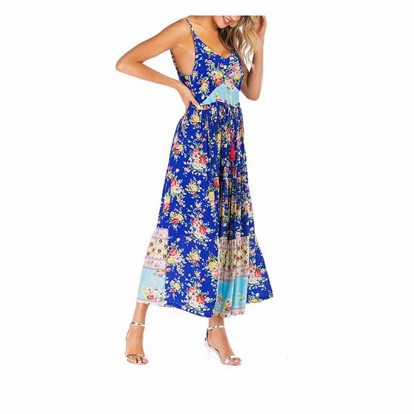 

2019 summer women boho print dress spaghetti straps backless long dress beach patchwork pleated, Black;gray