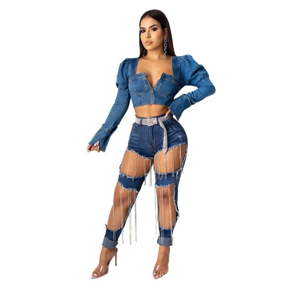 

fashion ladies denim pants womens destroyed ripped big hole pearls beading long denim pencil pants bottoms trousers jeans, Blue