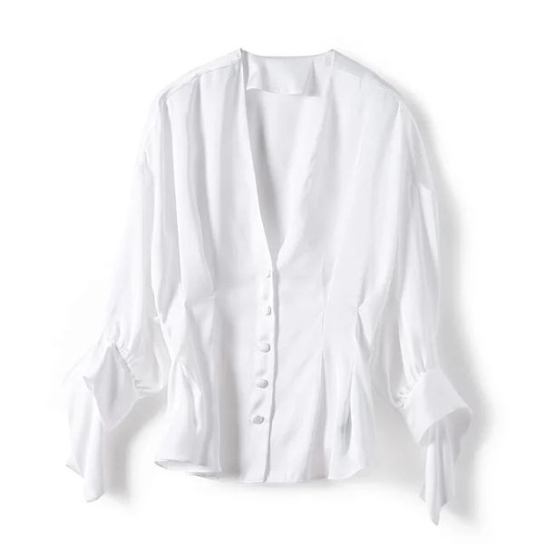 

women shirt solid color shirt v-neck two-color bubble sleeve bowknot ruffled women, White