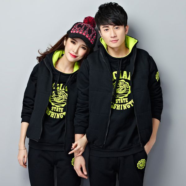 

men women tracksuit sportswear male lover fleece sweater hoodies+pants+vest running jogging leisure set thick sport warm suit, Black;blue