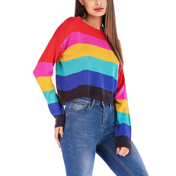 

2019 autumn and winter new european and american women's loose sweater women's rainbow striped long-sleeved sweater, White;black