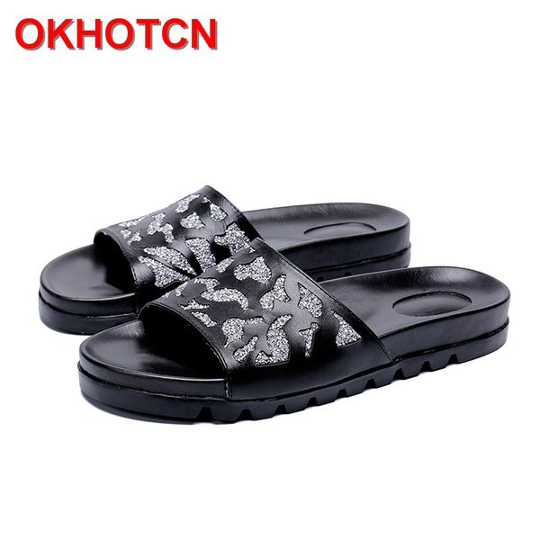 

new slippers men genuine leather home slippers guest bling designer flat big size 38-47 open toe comfortable slides, Blue;gray
