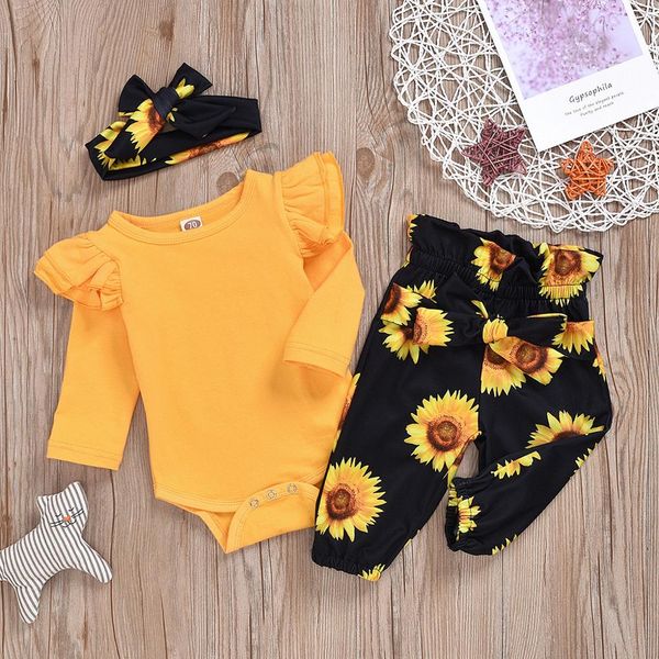

newborn infant baby girl romper sunflower floral pants headband outfits set, White