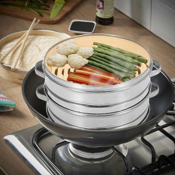 

2 tier 20cm bamboo steamer basket with cover cookware kitchen for dumpling fish rice vegetable pasta chinese heating steaming ba other kitch