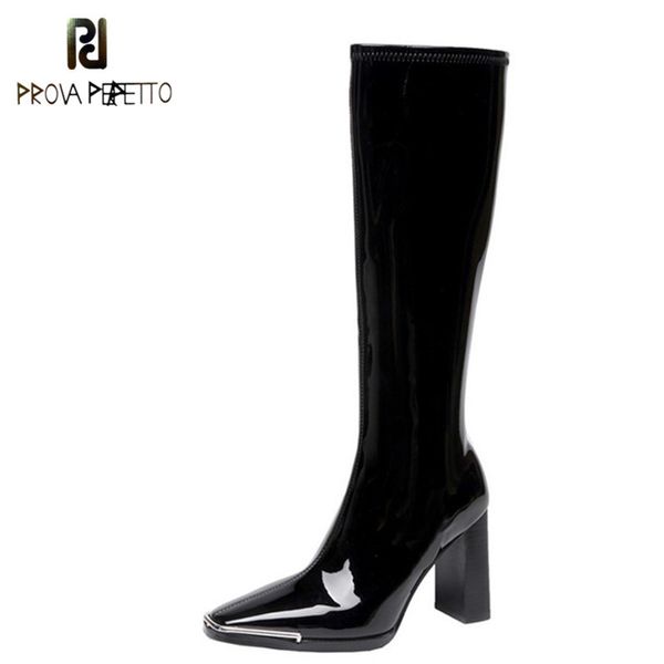 

prova perfetto patent leather boots woman slim square toe knee boots women fashion black high heel botas feminina zipper woman t200425