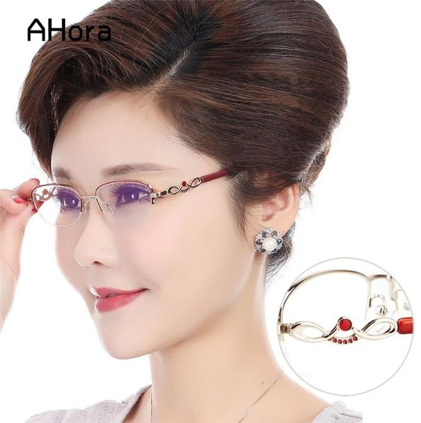 

ahora lady's crystal reading glasses 2020 fashion ultralight half business presbyopic eyeglasses optical spectacle +1.0to+4.0, White;black