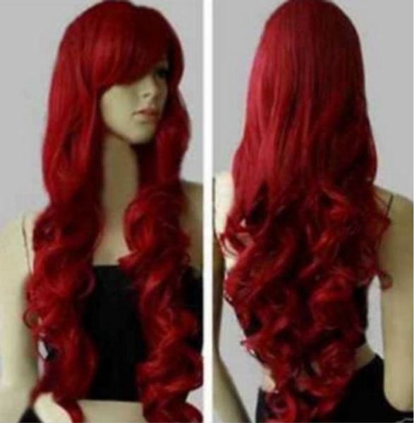 

fashion womens dark red long wavy curly anime cosplay wig 80cm, Black